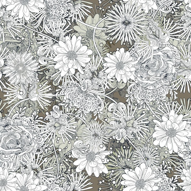 flowers seamless pattern,floral illustration,monochrome endless background