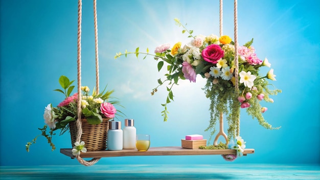 flowers on a shelf with a basket of flowers