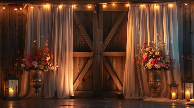 flowers on a stage with a wooden door that says  welcome to you