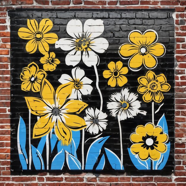 Photo flowers stencil art style shepard fairey highly detailed brick wall white black blue yellow