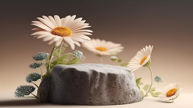 Flowers and a stone with a stone on it