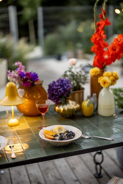 Flowers on table at backyard