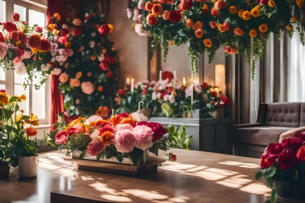 Flowers on a table in a church with a candle in the background.