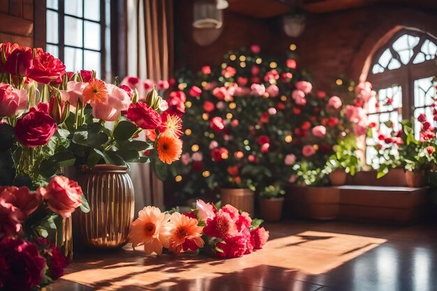 Flowers on a table in front of a window with a window and a window with a view of the garden.