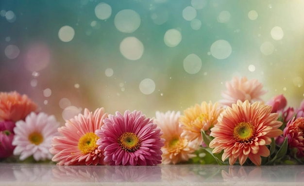 flowers on a table with a blue background with a blur in the background