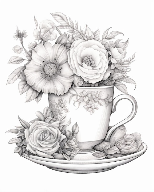 Flowers Tea Cup Coloring Page