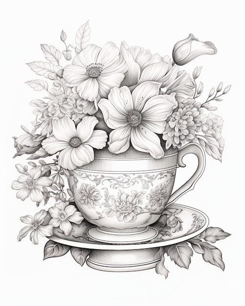 Flowers Tea Cup Coloring Page