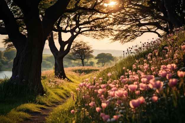 Flowers and trees line a path through