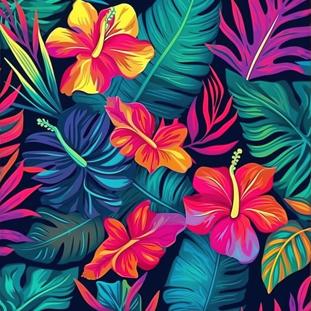 flowers tropic pattern in neon colors