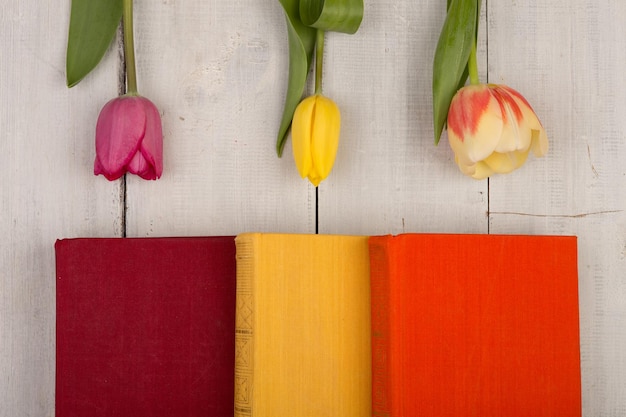 Flowers tulips and colored books on a white wooden table