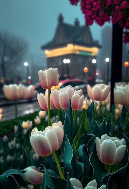 Flowers of tulips in the middle a city street generative ai