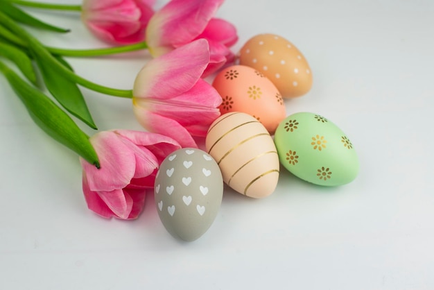 Flowers tulips with eggs decor for easter holiday