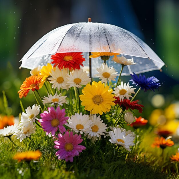 Flowers under an umbrella on a sunny day