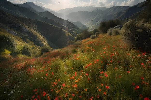 Flowers in valley surrounded by steep mountain ranges in spring and summer