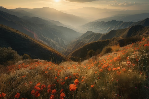 Flowers in valley surrounded by steep mountain ranges in spring and summer