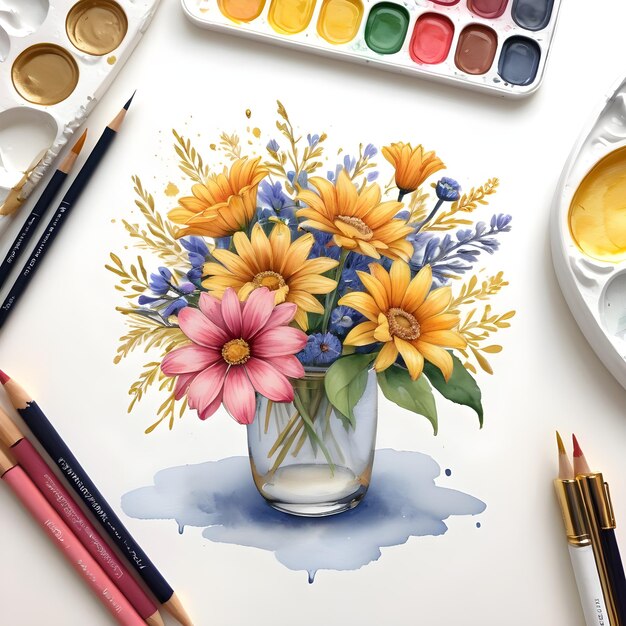 Flowers in a vase illustration watercolor