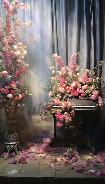 Flowers in vase and piano in the interior of the room