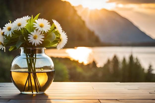 Flowers in a vase on a table with a lake in the background