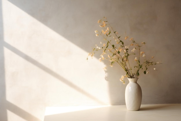 Flowers in vase on white table in front of wall