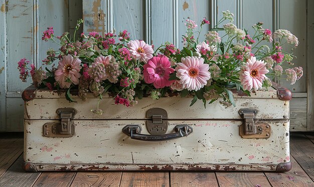 Flowers in a Vintage Suitcase on a Wooden Floor Creative Display