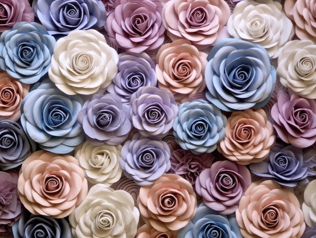 Flowers wall background with blue white and purple rose flower made from paper crowding in the frame in the style of an aerial view Generative AI