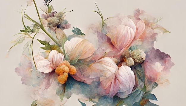 Flowers in a watercolor style Drawn on a textured background in pastel colors fit the photo3D render