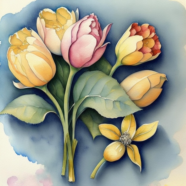 flowers in a watercolor style drawn on a textured background in pastel colors