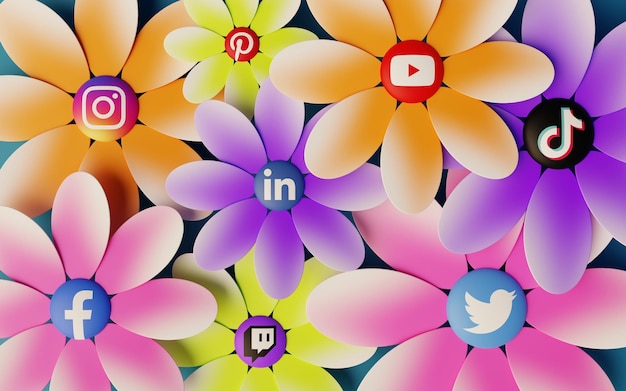 Flowers with colorful petals and social media logos