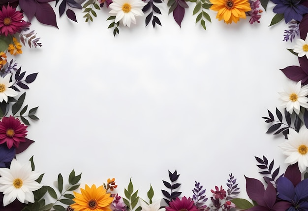 Flowers with leaves forming a border around a blank white background