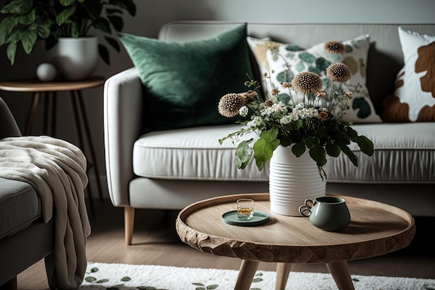 Flowers on a wooden coffee table in a stylish Scandinavian style living room