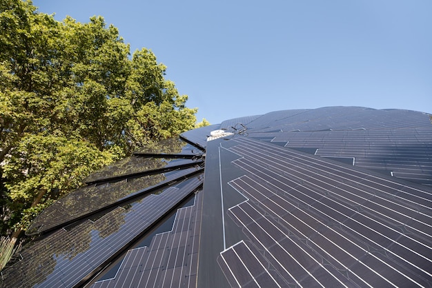 Flowershaped solar panel with sky background and copy space