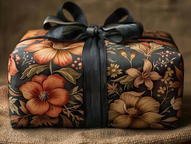 a flowery box with a ribbon tied around it and a bow on it