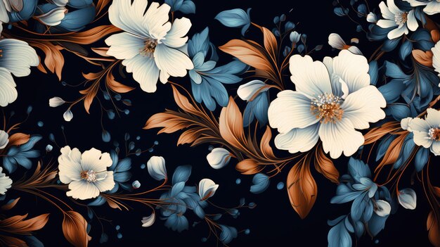 Photo flowery design with white and blue blooms on a dark background