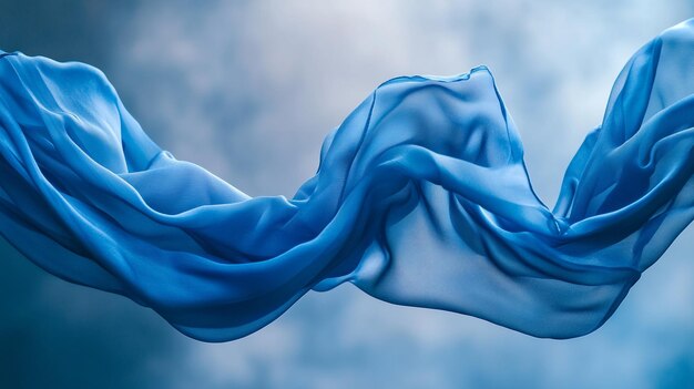 Flowing blue fabric gently undulating in the air against a soft blurred background