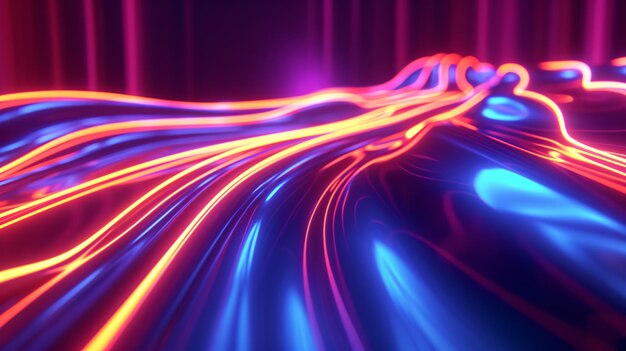 Photo flowing curves with glowing neon lines 3d rendering