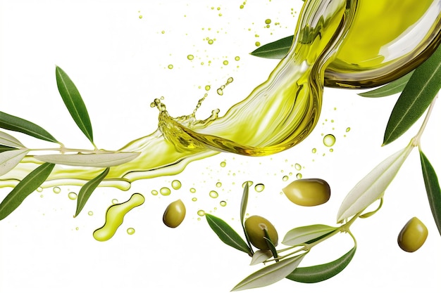 Photo the flowing golden olive oil splash with olive branches and olives on a white background isolatedspace for texthealthy eating concept