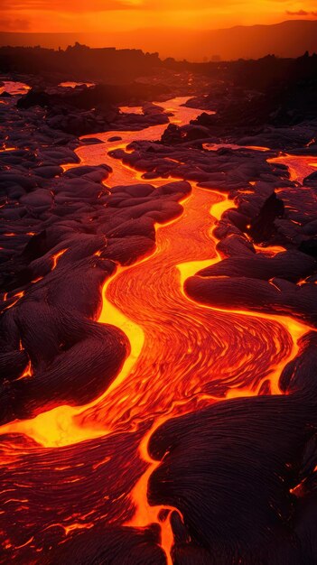 Photo flowing lava river at sunset with glowing molten rock