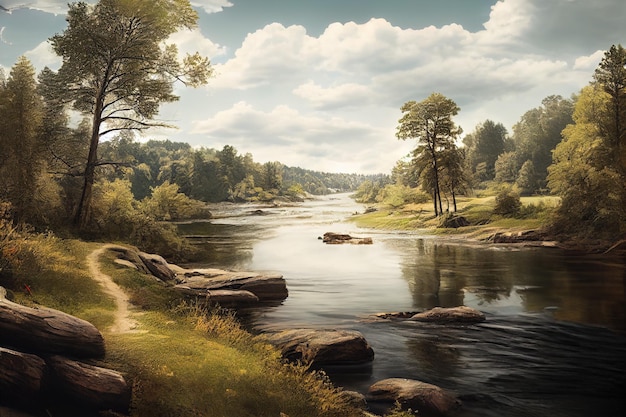 Flowing river at midday beautiful nature landscape generative art