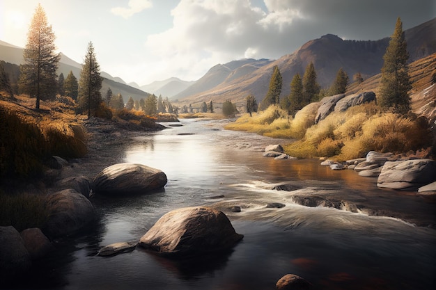 Flowing river with a mountain range in the horizon at midday beautiful nature landscape generative