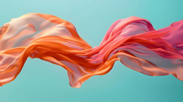 Flowing translucent pink and orange fabric cloth against a pale blue background