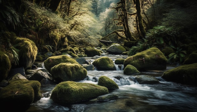 Flowing water cascades down rocky cliff face generated by AI