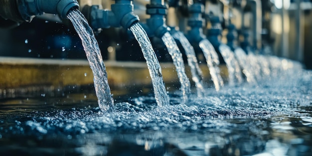 Photo flowing water from valves in a contemporary and modern industrial setup and facility