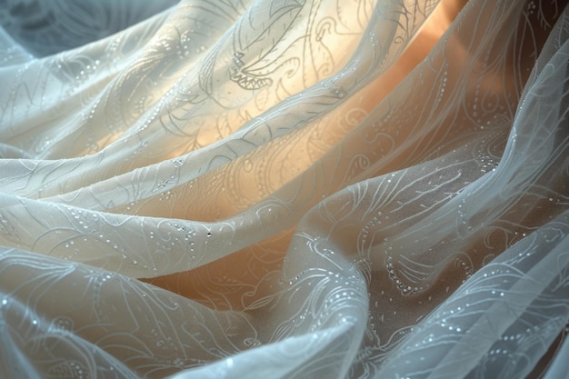 Flowing wavy floral lace with beaded embroidery on transparent colorful evening or wedding dress fabric Elegant white gown with glitters Closeup selective focus