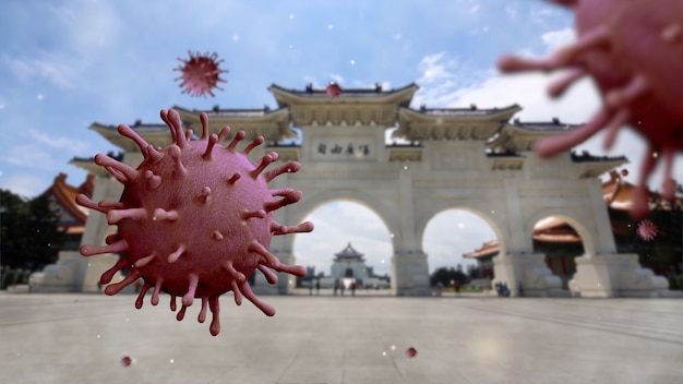 flu coronavirus floating on landmark entrance gate monument of Chiang Kai Shek memorial hall