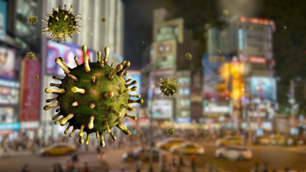 flu coronavirus floating over a Taipei modern city of Ximen at night