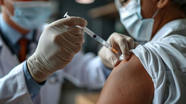 Photo flu vaccine or shot in an injection needle the doctor works with the patients hand