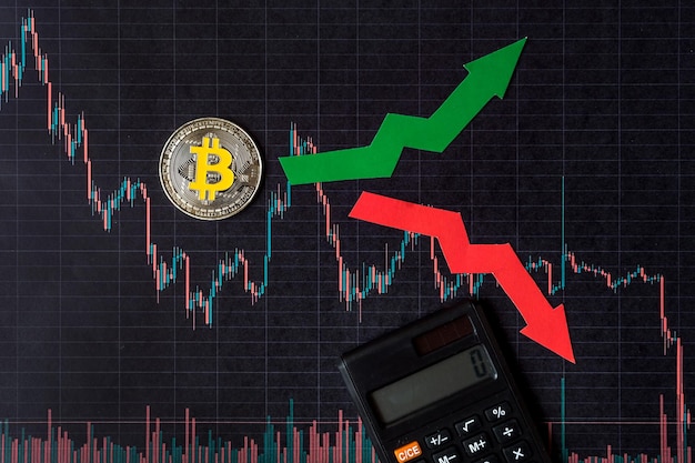 Fluctuations and forecasting of exchange rates of virtual money bitcoin Red and green arrows with golden Bitcoin ladder on black paper forex chart background with calculator Cryptocurrency concept