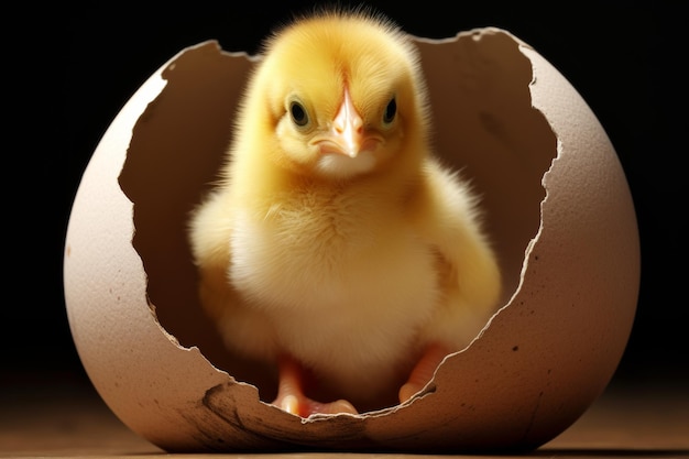 Fluffy and adorable chick peeking joyfully from a cracked eggshell in a delightful scene