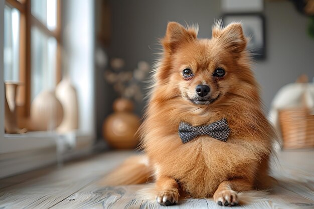 Photo fluffy adorable pomeranian dog in stylish bow tie sitting on wooden table in bright room at home neutral walls a few decorative items a large window allowing sunlight to flood in