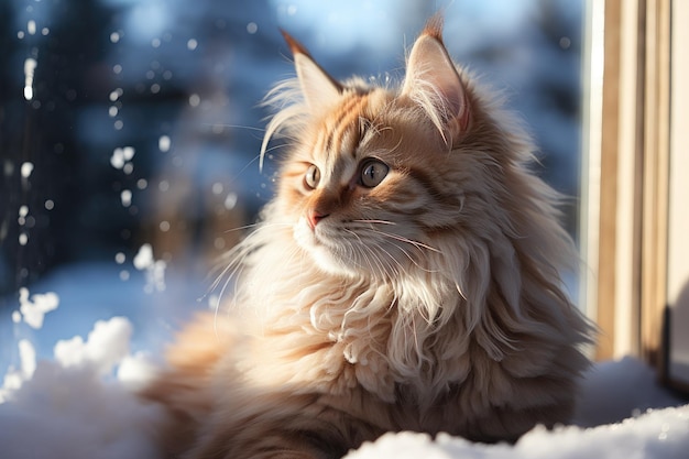 Fluffy adult cat sitting in snow looking away Beautiful sunny winter day